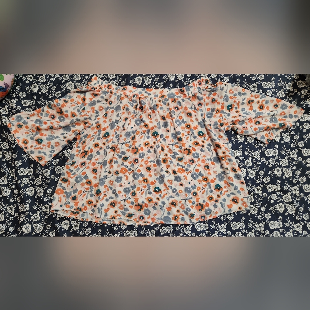Chic Floral Women's Blouse in Orange and Blue